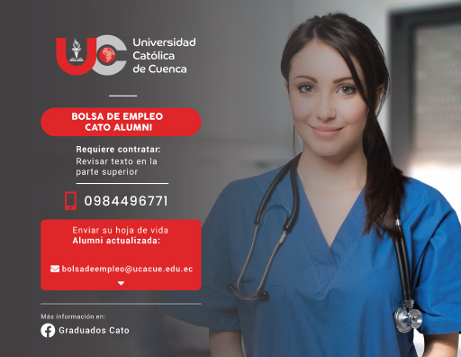 Importante Institución de Educación Superior, de la ciudad de Cuenca, requiere contratar 2 𝗟𝗶𝗰𝗲𝗻𝗰𝗶𝗮𝗱𝗼/𝗮s 𝗲𝗻 𝗘𝗻𝗳𝗲𝗿𝗺𝗲𝗿í𝗮, Graduado/as en la Universidad Católica de Cuenca