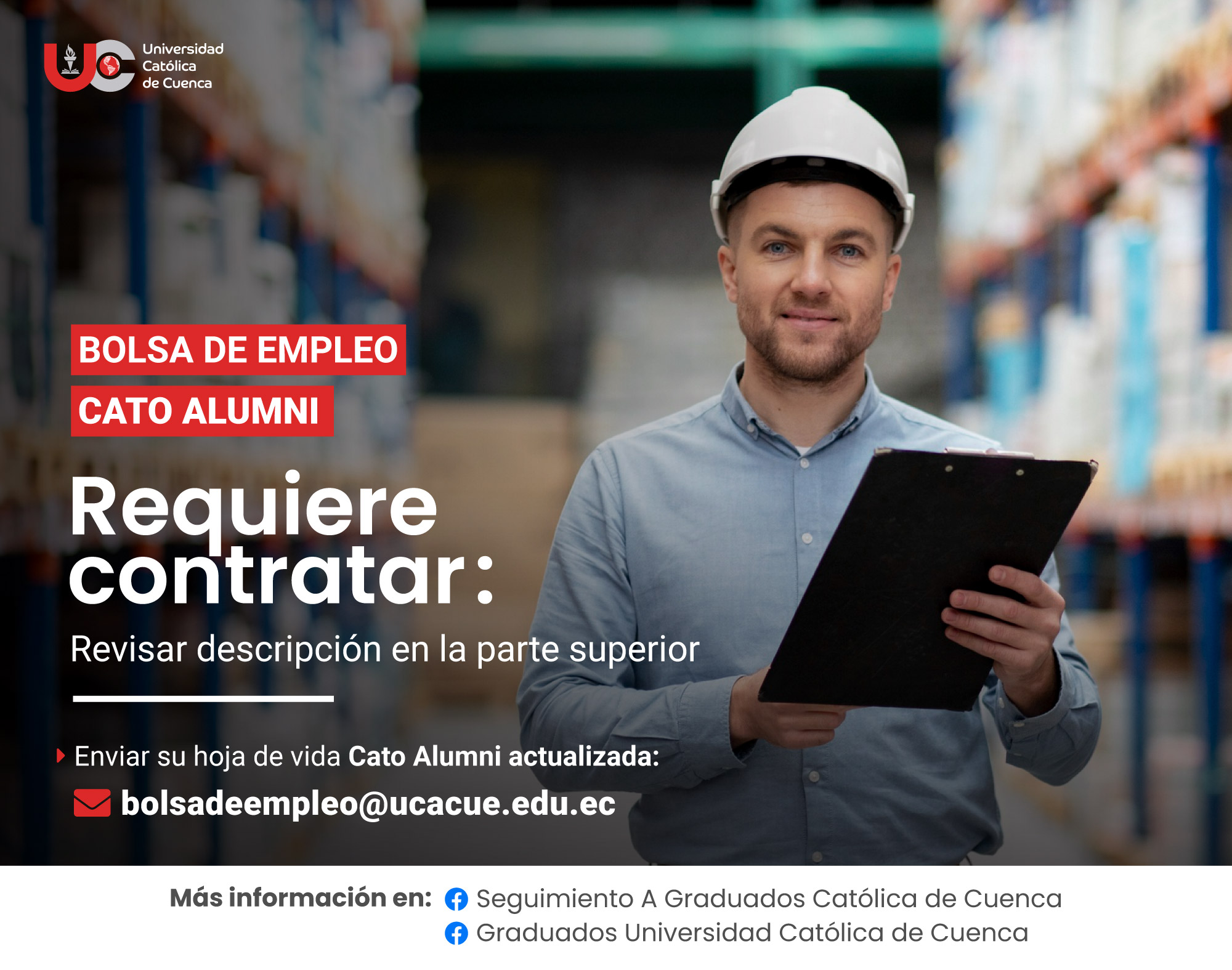 Empresa productora agrícola, requiere contratar para la ciudad de Paute, profesional en Ingeniería Industrial, Químico, Administración de la Producción y/o Carreras Afines, Graduado/a en la Universidad Católica de Cuenca, para el cargo de Jefe de Producción.