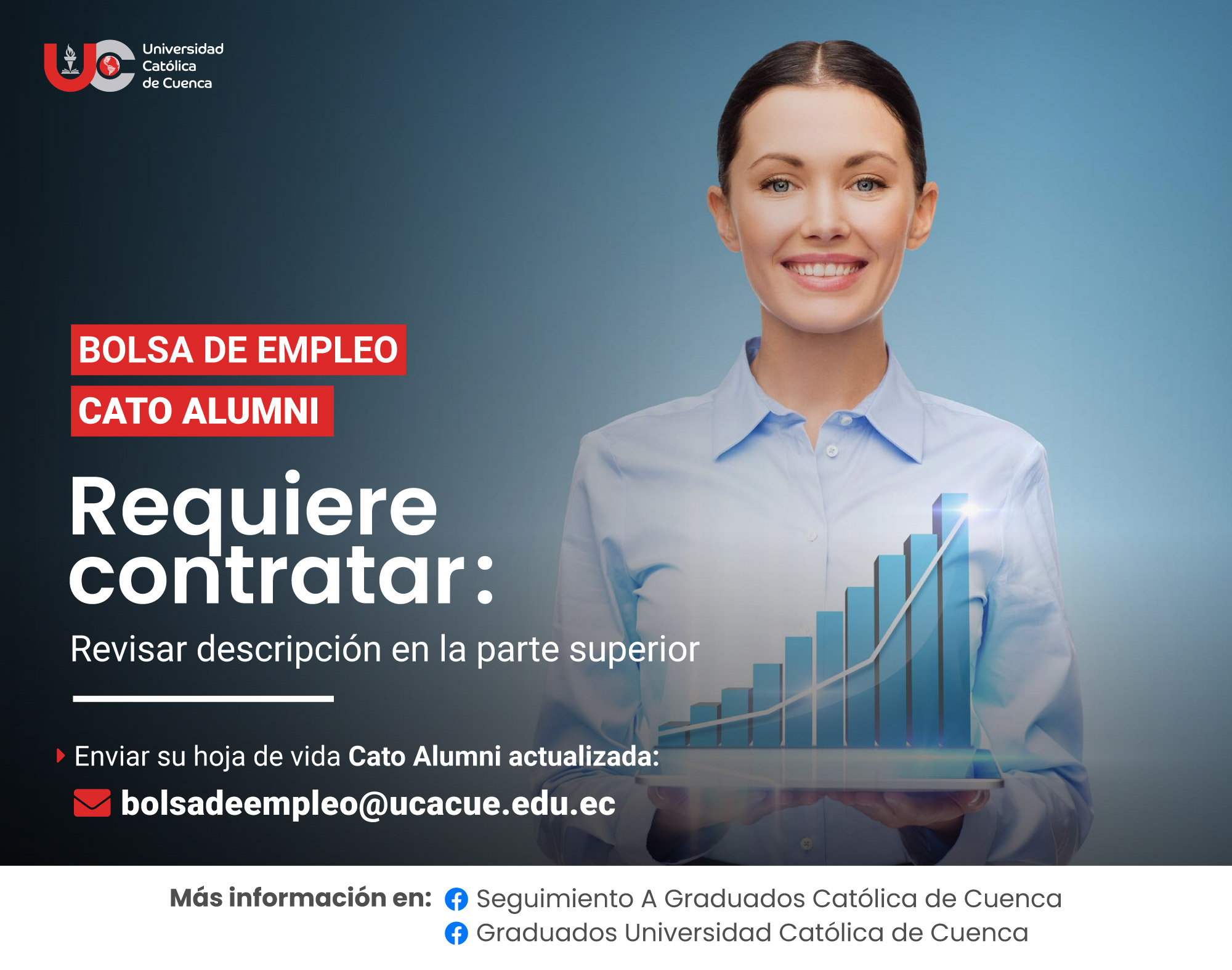 Importante Centro de faenamiento industrial de aves, requiere contratar para la ciudad de Cuenca profesional en Marketing, Administración de Empresas, Negociación y Ventas o afines, Graduado/a en la Universidad Católica de Cuenca, para el cargo de Asistente de Ventas y Marketing.