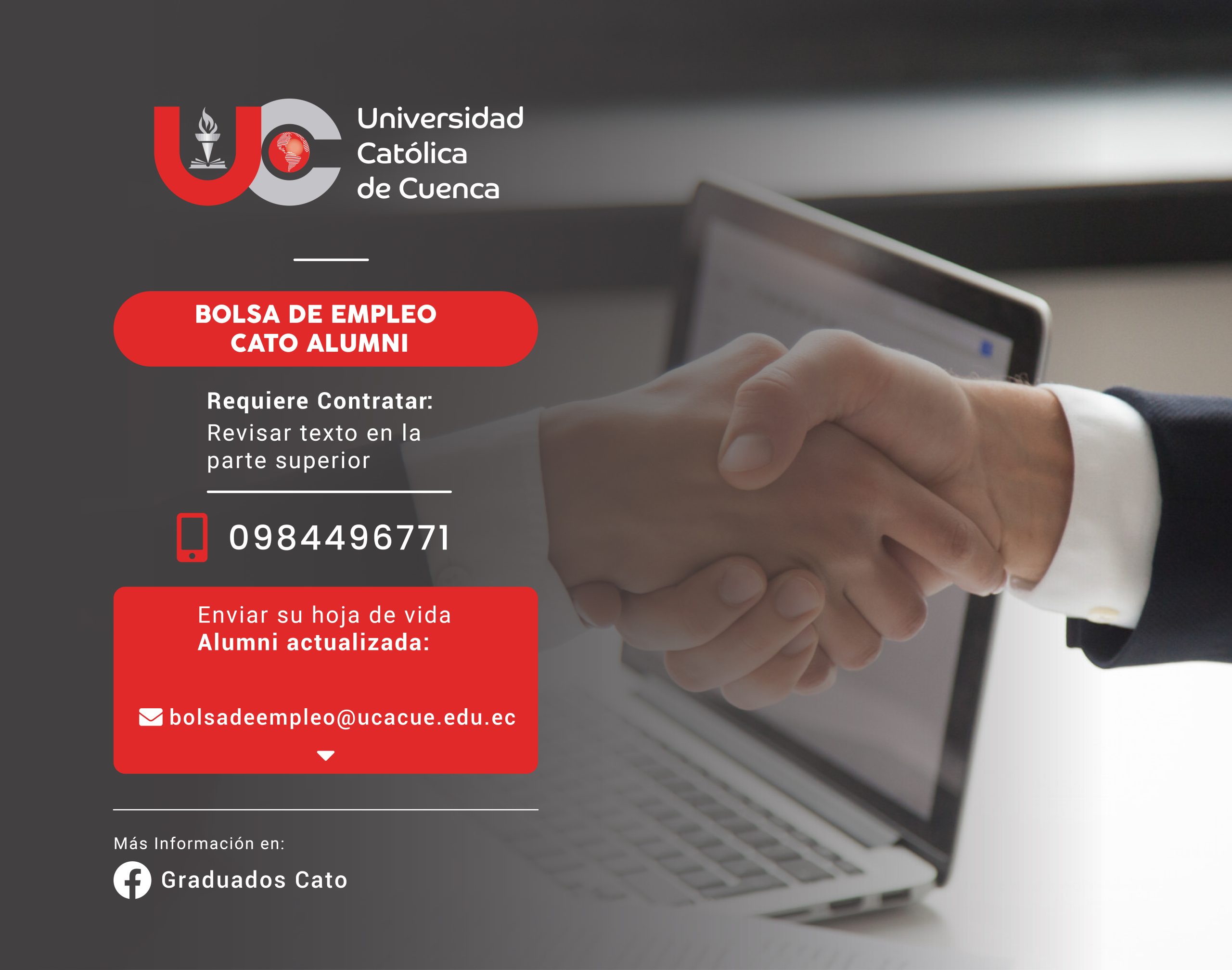 Importante Organización sin Fines de Lucro (ONG) enfocada en proyectos, requiere contratar para la ciudad de Cuenca, 3 profesionales en Marketing, Negociación y Ventas o afines, Graduado/a en la Universidad Católica de Cuenca, para el cargo de Agente Vendedor. (SERVICIOS PROFESIONALES)