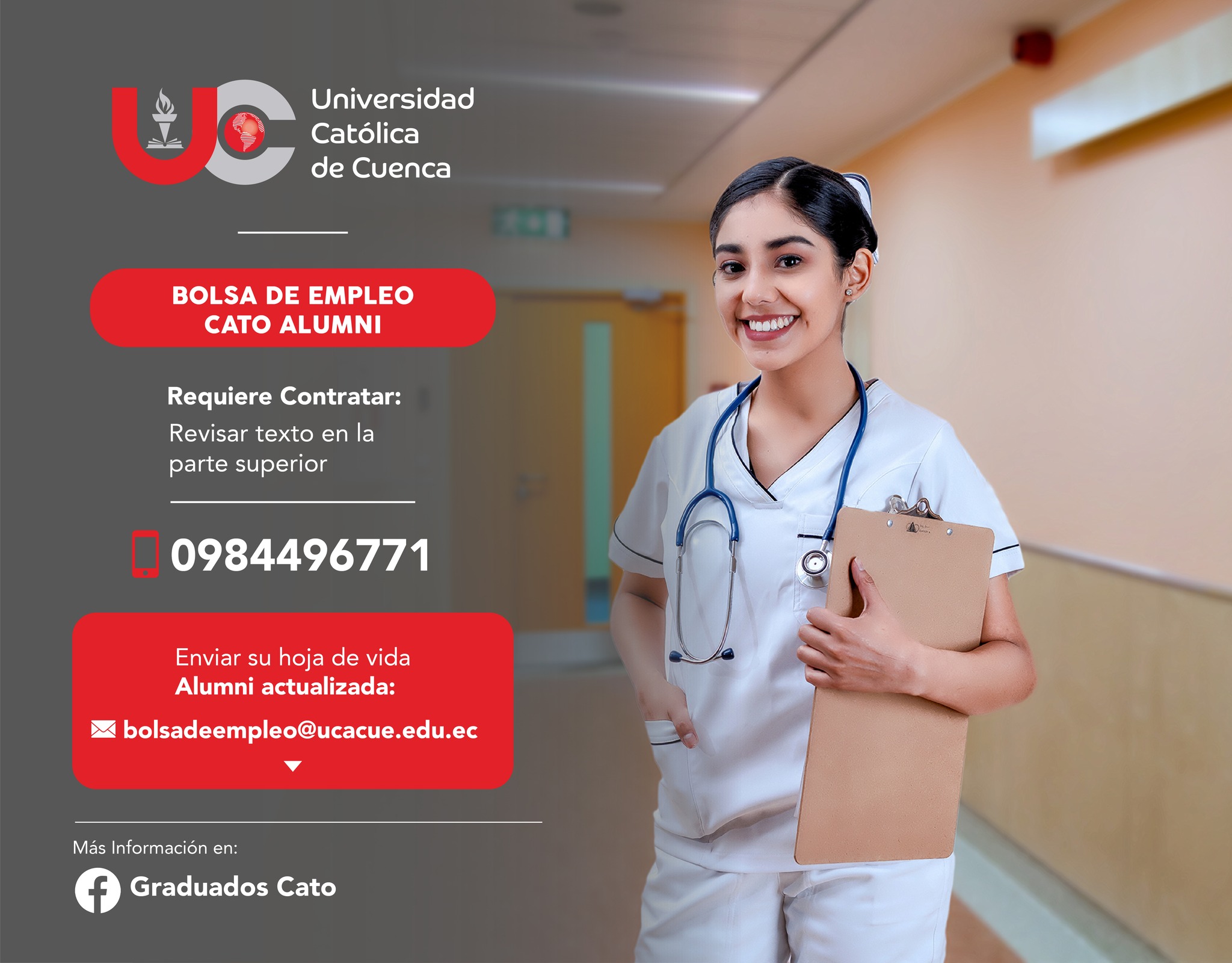 Importante Institución de Educación Superior, requiere contratar para la ciudad de Cañar, profesional LICENCIADO EN ENFERMERÍA CON MAESTRÍA, Graduado/a en la Universidad Católica de Cuenca, para el cargo de Capacitador para la Preparación del Examen de Habilitación para el Ejercicio Profesional (EHEP). Contrato Temporal (Servicios Profesionales)
