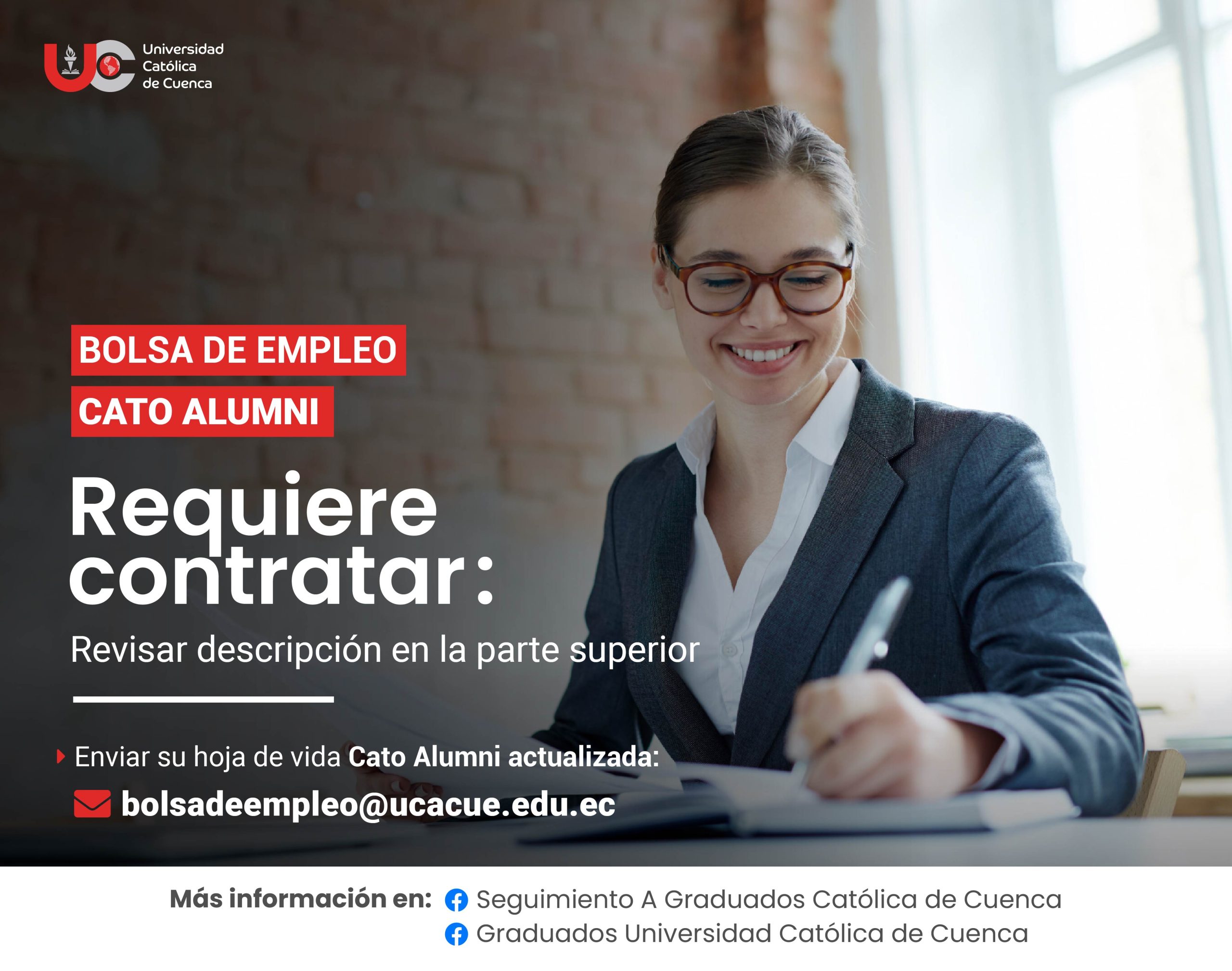 Importante Institución, requiere contratar para la ciudad de Cuenca, profesional en Contabilidad, Finanzas, Administración o afines, Graduado/a en la Universidad Católica de Cuenca, para el cargo de AUXILIAR CONTABLE.