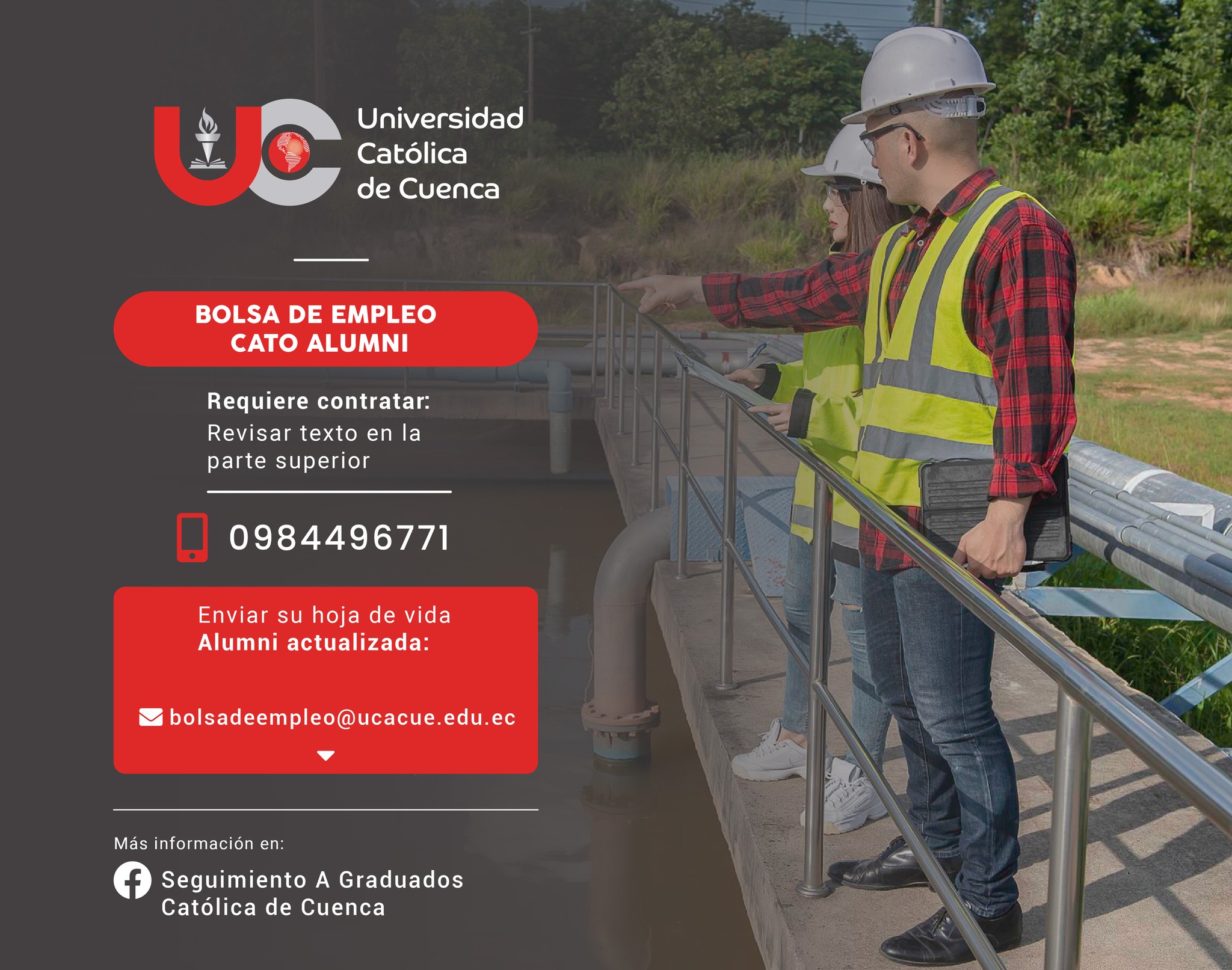 Importante Empresa Pública del país dedicada a la construcción y consultoría, requiere contratar para la parroquia Chigüinda provincia de Morona Santiago - Gualaquiza, profesional Ingeniero Ambiental, Graduado/a en la Universidad Católica de Cuenca, para el cargo de Especialista Ambiental.