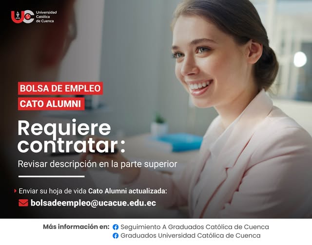 Importante Empresa de retail, requiere contratar para la ciudad de Cuenca, profesional en Administración de Empresas, Comercial, Ventas o afines, Graduado/a en la Universidad Católica de Cuenca, para el cargo de Ejecutivo de Ventas.