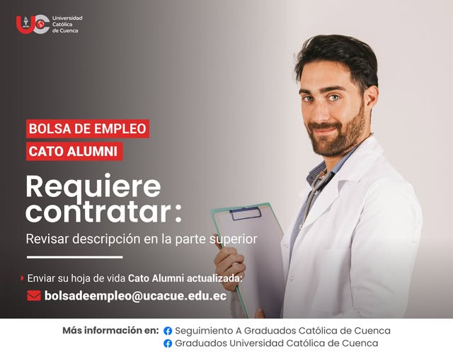Importante Institución de Educación Superior, requiere contratar para la ciudad de Cuenca, profesional MÉDICO ESPECIALISTA EN PSIQUIATRÍA, Graduado/a en la Universidad Católica de Cuenca, para el cargo de Capacitador para la Preparación del Examen de Habilitación para el Ejercicio Profesional (EHEP). Contrato Temporal (Servicios Profesionales)