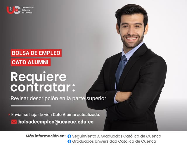 Importante Empresa de Publicidad y Diseño, requiere contratar para la ciudad de Cuenca, profesional Marketing, Administración de Empresas, Negociación y Ventas, Diseño o afines, Graduado/a en la Universidad Católica de Cuenca, para el cargo de Vendedor.