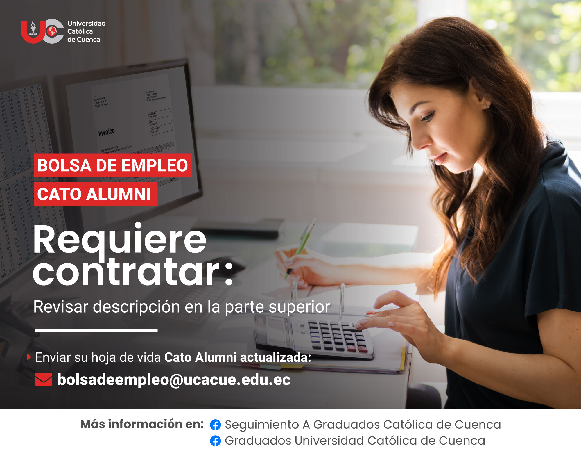 Importante Empresa del sector alimenticio, requiere contratar para la ciudad de Cuenca, profesional Ingeniero/Licenciado en Contabilidad y Auditoría, Graduado/a en la Universidad Católica de Cuenca, para el cargo de Auxiliar contable.