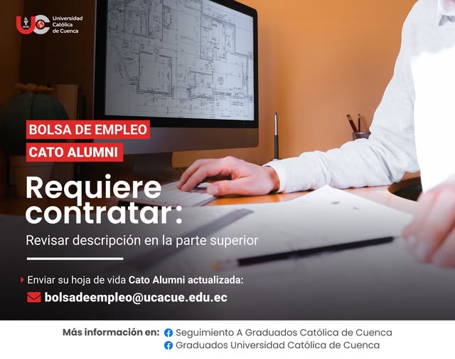 Importante Empresa Canadiense del sector de construcción y reconstrucción de obras civiles e infraestructura con participación en proyectos desarrollados en Canadá, requiere contratar para el cantón Girón, profesional Arquitecto, Graduado/a en la Universidad Católica de Cuenca, para el cargo de Arquitecto/a y Asistente de Presupuestos.