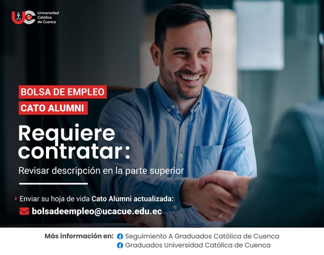 Importante Empresa Importadora de productos ferreteros y eléctricos, requiere contratar para la ciudad de Cuenca, profesional en Negociación y Ventas, Administración de Empresas, Economía, Ingenieros Eléctricos o afines, Graduado/a en la Universidad Católica de Cuenca, para el cargo de Asesor comercial.