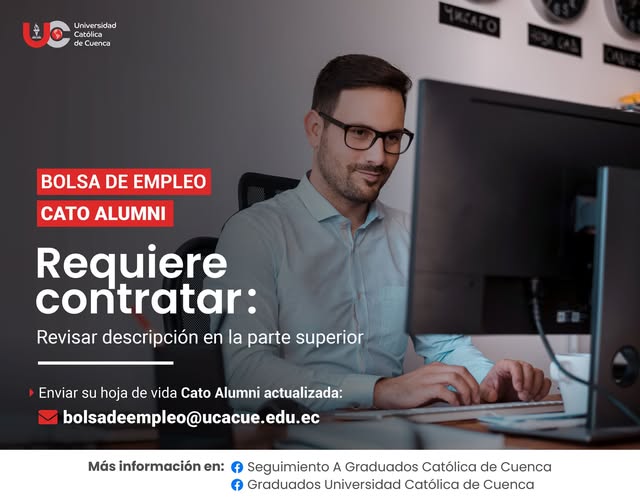 Importante Institución de Educación Superior, requiere contratar para la ciudad de Cuenca, profesional Ingeniero de Sistemas, Tecnologías de la Información, Ingeniería en Software, Ingeniería en Computación o afines, Graduado/a en la Universidad Católica de Cuenca, para el cargo de Técnico de Plataformas. Formación deseable: Maestría o especialización en: Tecnología Educativa, Educación en Línea, Gestión de TIC, Transformación Digital, Innovación Educativa, E-learning
