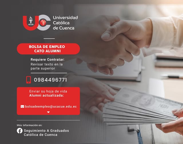 Importante Empresa de venta de Ferretería y acabados para la Construcción, requiere contratar para la ciudad de Cuenca, profesional Contador, Ingeniero en Administración de Empresas o afines, Graduado en la Universidad Católica de Cuenca, para el cargo de Cajero/a.
