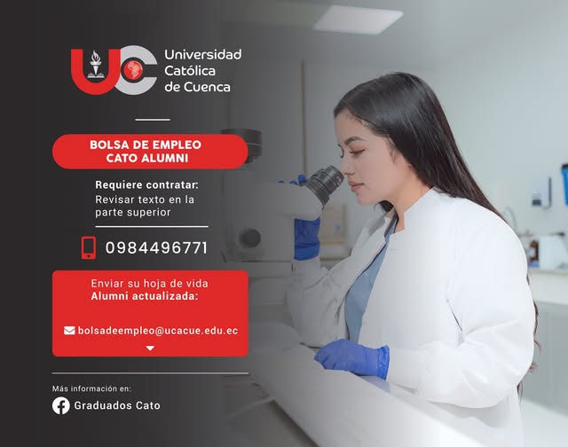 Importante Empresa del sector de salud natural y farmacia magistral, requiere contratar para la ciudad de Cuenca, profesional en Bioquímica y Farmacia, Biofarmacia o afines, Graduado/a en la Universidad Católica de Cuenca, para el cargo de Auxiliar de Farmacia Magistral