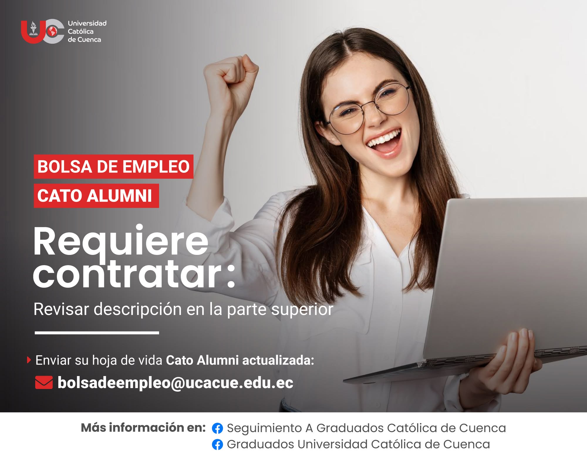 Importante Empresa de venta de Tecnología, requiere contratar para la ciudad de Cuenca, profesional en Ingeniería de Sistemas, Electrónica, Comercial, Marketing, Administración o carreras afines, Graduada en la Universidad Católica de Cuenca, para el cargo de EJECUTIVO COMERCIAL, POSTVENTA.