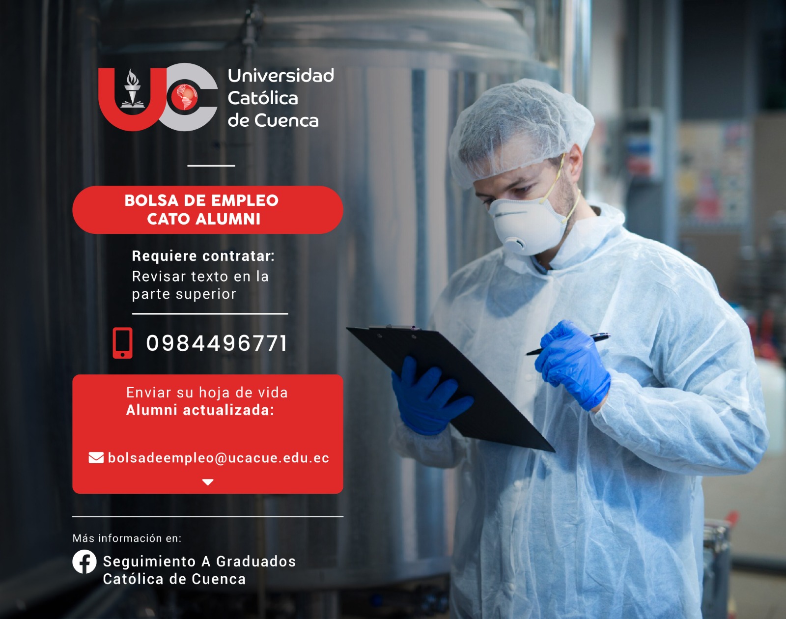 Importante Empresa con presencia en centros comerciales y distribución mayorista requiere contratar para la ciudad de Cuenca, profesional en Administración de Empresas,Contabilidad y  Auditoría, Ing. Industrial, Economía, Ing. Alimentos, o afines, Graduado en la Universidad Católica de Cuenca, para el cargo de Auditor de Bodega.