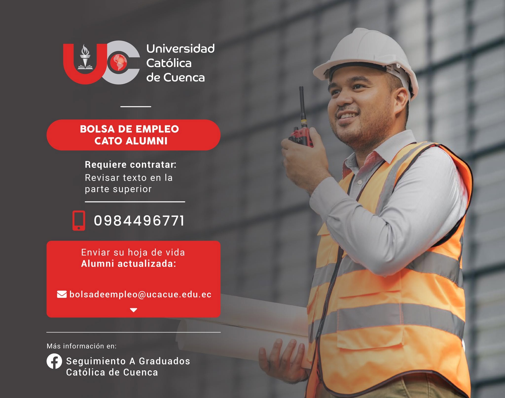Importante Empresa del sector de la construcción, requiere contratar para la ciudad de Cuenca, profesional Ingeniero Civil o Arquitecto, Ing. Industrial, Licenciado en Marketing, Administración de Empresas, Comercial, Negociación y Ventas o afines, Graduado/a en la Universidad Católica de Cuenca, para el cargo de Asesor Técnico Comercial