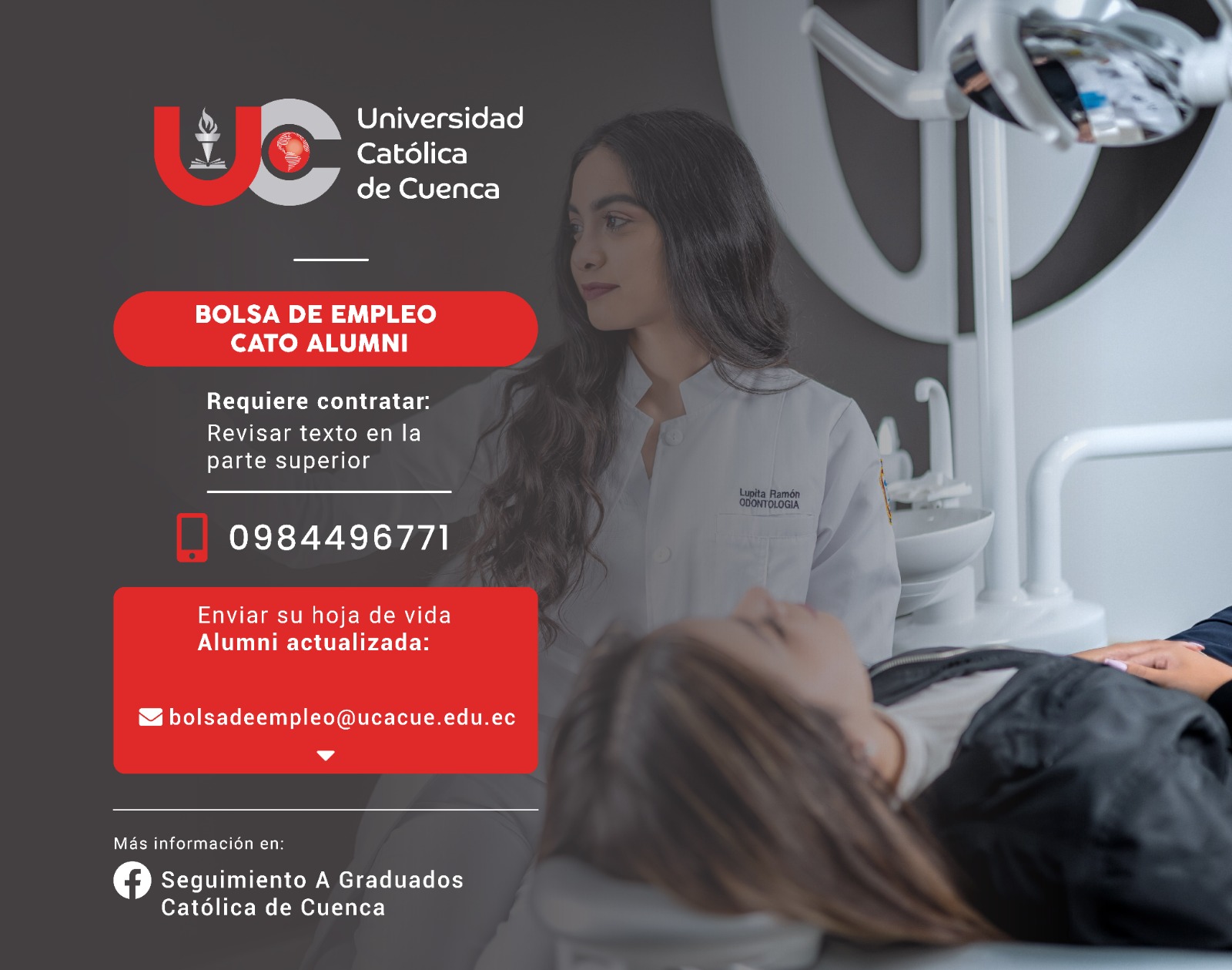 Importante Institución de Educación Superior, requiere contratar para la ciudad de Cuenca, 2 profesionales ODONTÓLOGOS ESPECIALISTAS EN REHABILITACIÓN ORAL, Graduado/as en la Universidad Católica de Cuenca, para el cargo de: Docente medio tiempo.
